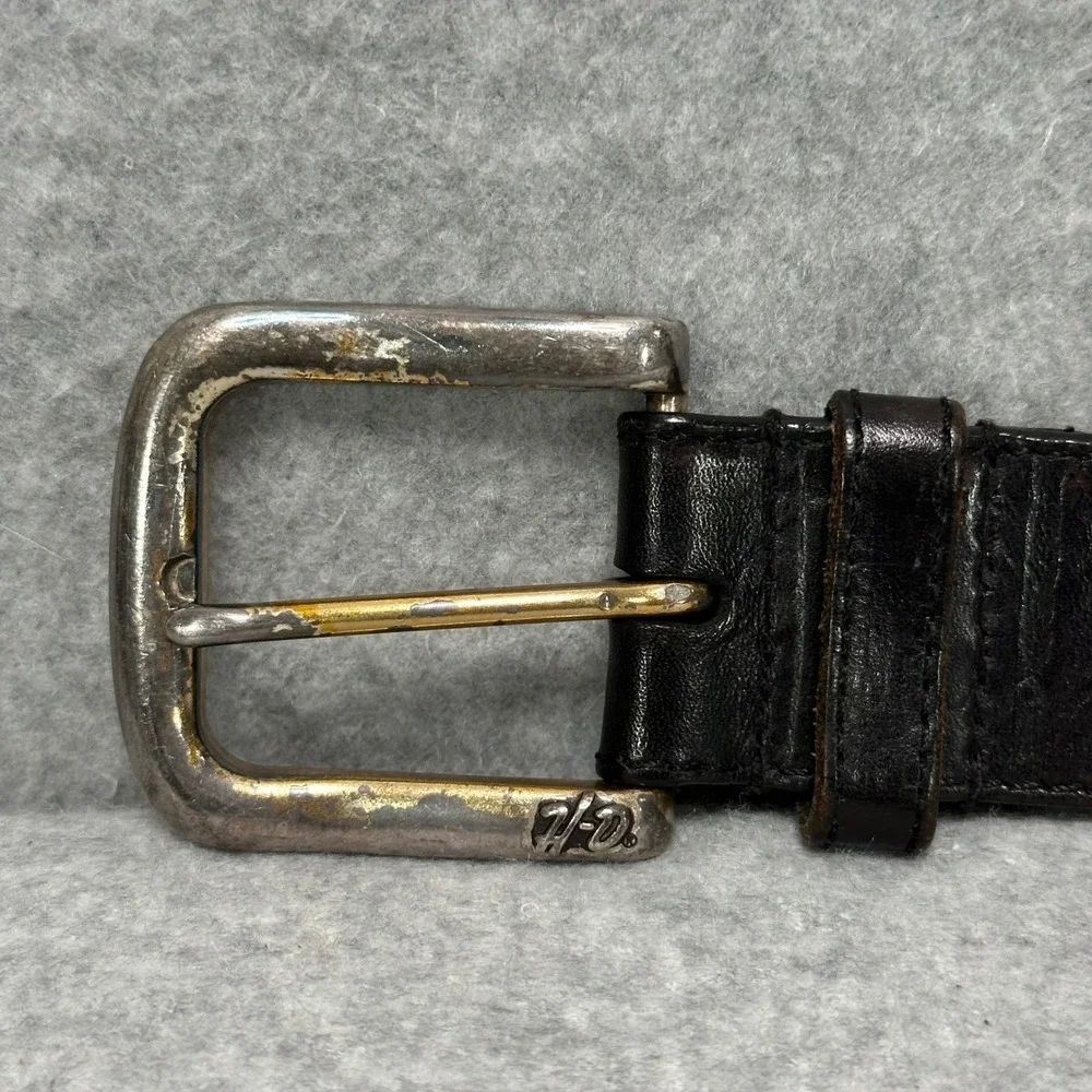 VTG Harley-Davidson Mens Black Leather Chain Link Belt Distressed Biker Logo 38